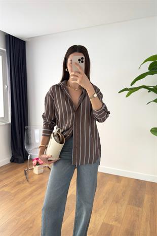 Belane Kahve Mavi Çizgi Detaylı Gömlek