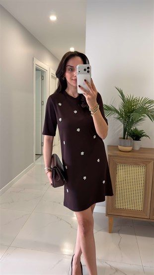 Belid Kahve Taşlı Elbise