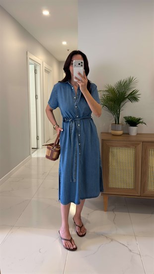 Belix Mavi Denim Tensel Kemerli Elbise