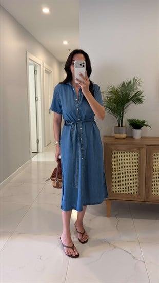 Belix Mavi Denim Tensel Kemerli Elbise