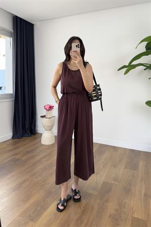 Bello Bordo Sırtı Çapraz Detaylı Askılı Tulum