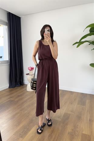 Bello Bordo Sırtı Çapraz Detaylı Askılı Tulum