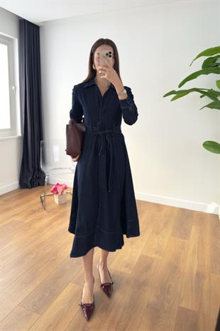 Bemane Dark Blue Kemerli Denim Elbise