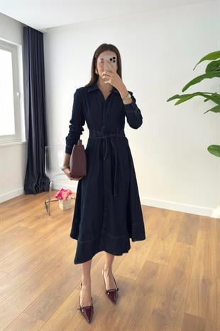 Bemane Dark Blue Kemerli Denim Elbise