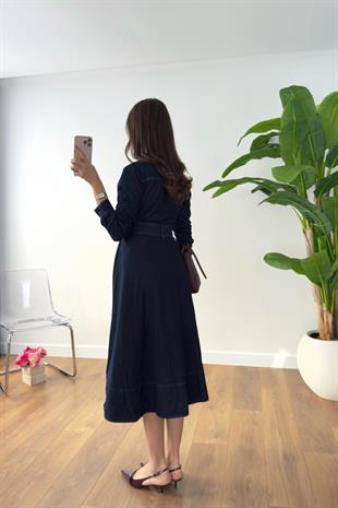 Bemane Dark Blue Kemerli Denim Elbise