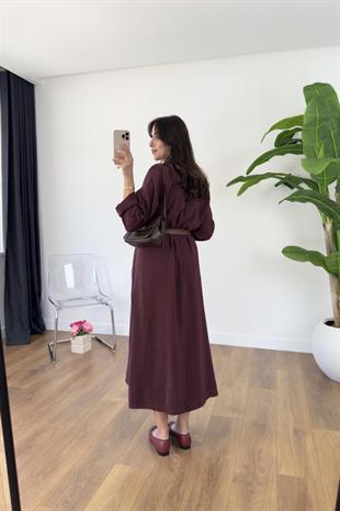 Benis Bordo Premium Kemerli Elbise