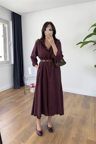 Benis Bordo Premium Kemerli Elbise