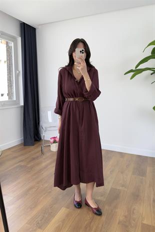 Benis Bordo Premium Kemerli Elbise