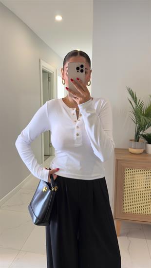 Benry Beyaz Çıtçıt Detaylı Uzun Kol Bluz