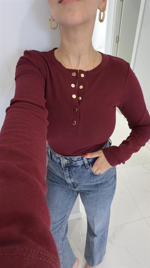 Benry Bordo Çıtçıt Detaylı Uzun Kol Bluz