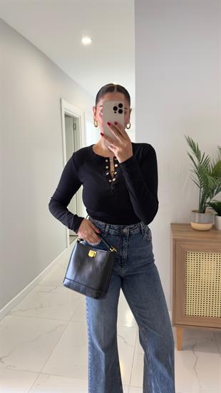 Benry Siyah Çıtçıt Detaylı Uzun Kol Bluz