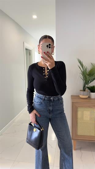 Benry Siyah Çıtçıt Detaylı Uzun Kol Bluz