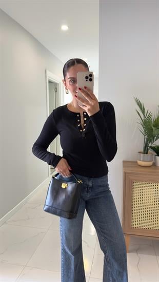 Benry Siyah Çıtçıt Detaylı Uzun Kol Bluz