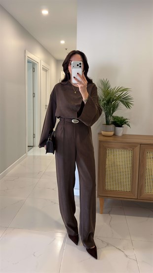 Beras Kahve Tensel Bluz Pantolon Takım