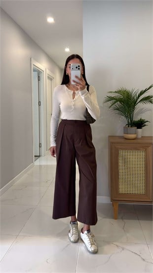 Betsa Kahve Beli Lastikli Pile Detaylı Pantolon