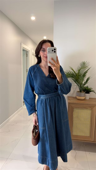 ZR Betsa Lacivert V Yaka Denim Bluz