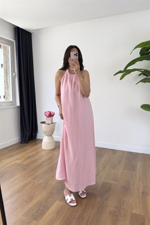 Beysa Pembe Boyundan Düğmeli Astarlı Müslin Elbise