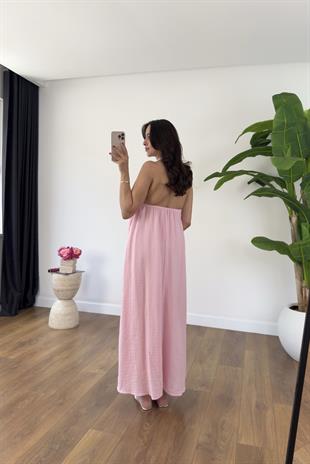 Beysa Pembe Boyundan Düğmeli Astarlı Müslin Elbise