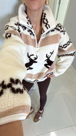 Beyun Ekru Acı Kahve Geyikli Peluş Fermuarlı Sweat