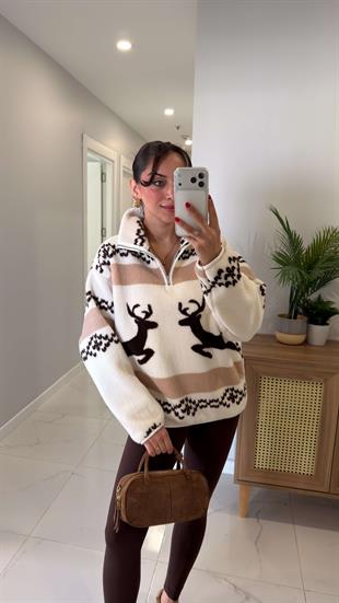 Beyun Ekru Acı Kahve Geyikli Peluş Fermuarlı Sweat