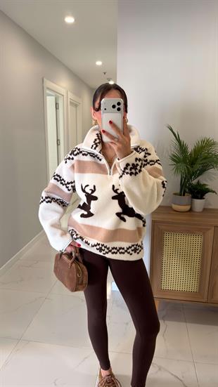 Beyun Ekru Acı Kahve Geyikli Peluş Fermuarlı Sweat