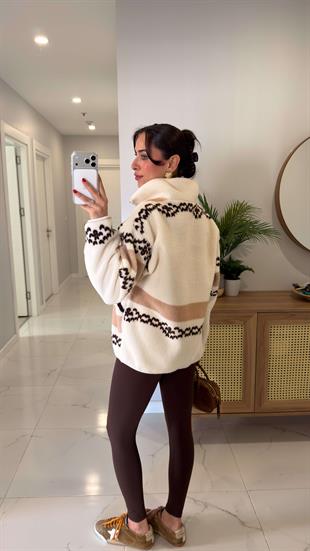 Beyun Ekru Acı Kahve Geyikli Peluş Fermuarlı Sweat