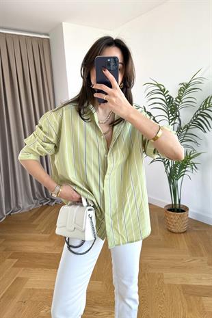 Sendy Yağ Yeşili Çizgili Gömlek