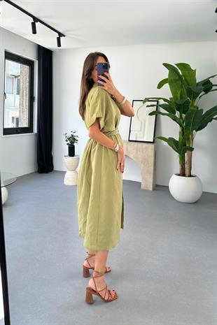Yela Olive Gizli Düğme Detaylı Tensel Elbise