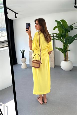 Yella Sarı Düğme Detaylı Elbise