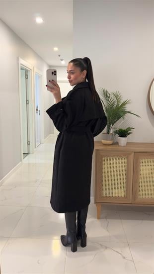 Bhory Siyah Kuşaklı Süet Kaban