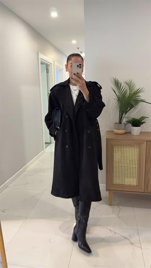 Bhory Siyah Kuşaklı Süet Kaban