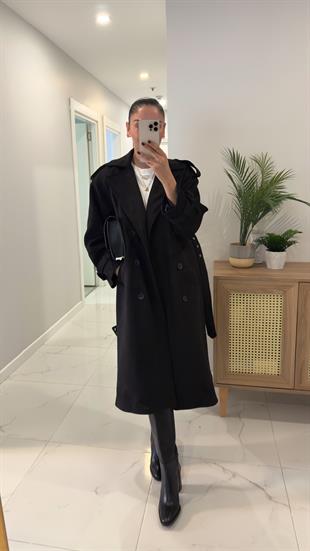 Bhory Siyah Kuşaklı Süet Kaban