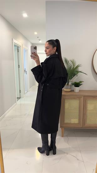 Bhory Siyah Kuşaklı Süet Kaban