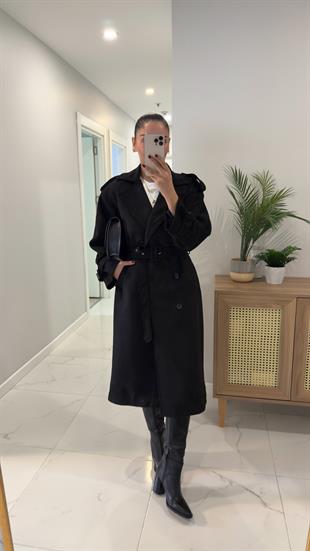 Bhory Siyah Kuşaklı Süet Kaban