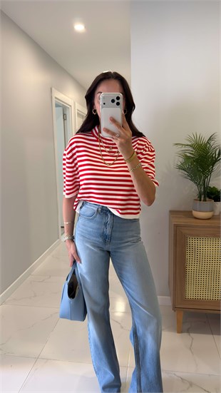 Bilena Ekru Kırmızı Çizgili Triko