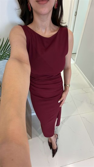 Bista Bordo Drape Detaylı Yırtmaçlı Elbise