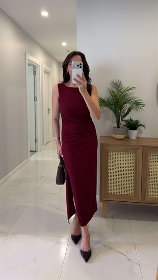 Bista Bordo Drape Detaylı Yırtmaçlı Elbise