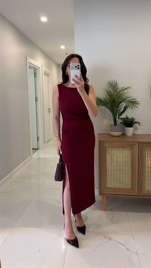 Bista Bordo Drape Detaylı Yırtmaçlı Elbise