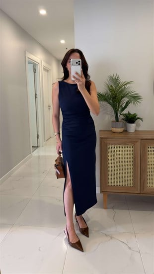 Bista Lacivert Drape Detaylı Yırtmaçlı Elbise