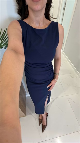 Bista Lacivert Drape Detaylı Yırtmaçlı Elbise