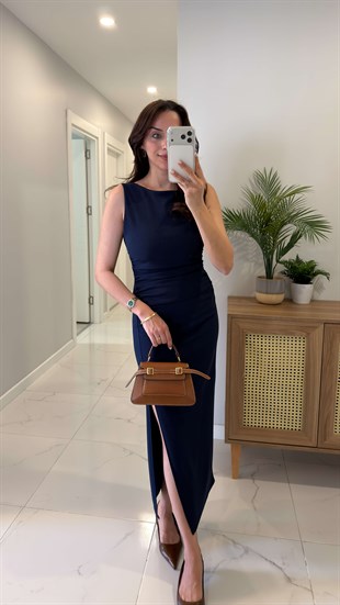 Bista Lacivert Drape Detaylı Yırtmaçlı Elbise