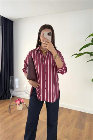 Blazen Bordo Beyaz Çizgi Detaylı Gömlek