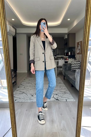Kahve Ekose Astarlı Blazer Ceket