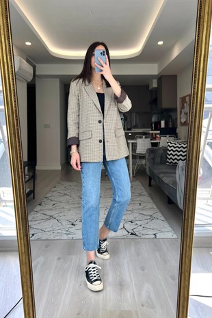 Kahve Ekose Astarlı Blazer Ceket