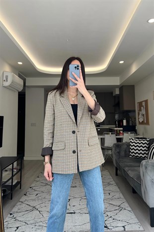 Kahve Ekose Astarlı Blazer Ceket