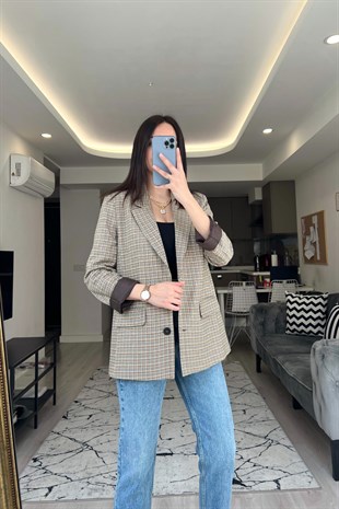 Kahve Ekose Astarlı Blazer Ceket