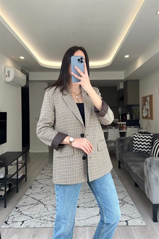 Kahve Ekose Astarlı Blazer Ceket