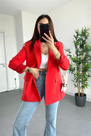 Kırmızı Düğme Detaylı Astarlı Blazer Ceket