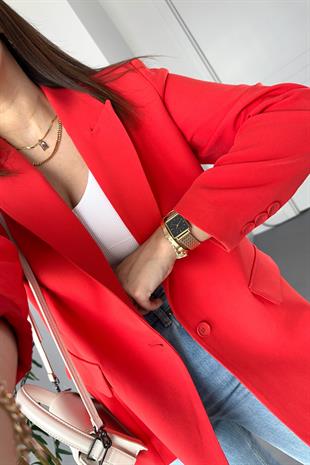 Kırmızı Düğme Detaylı Astarlı Blazer Ceket