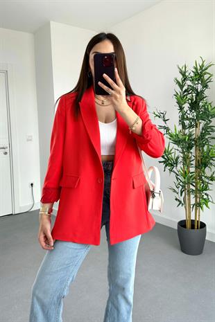 Kırmızı Düğme Detaylı Astarlı Blazer Ceket